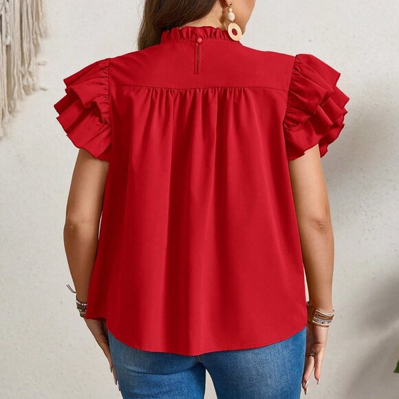 Red Casual Women's Plus Size Ruffle Trim Tops - Picture 2 of 6